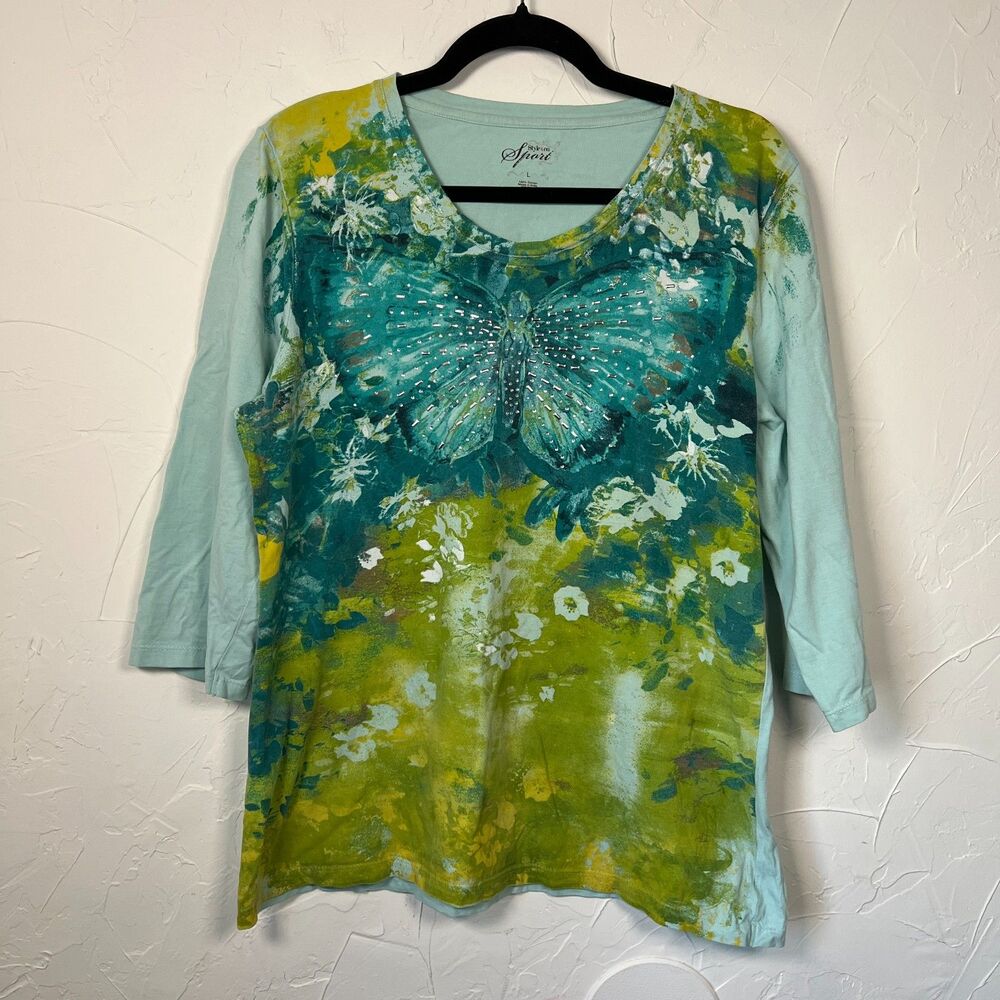 Style & Co Fairy Butterfly Graphic Top Cotton Size L y2k Boho 3/4 Sleeves Whimsy
